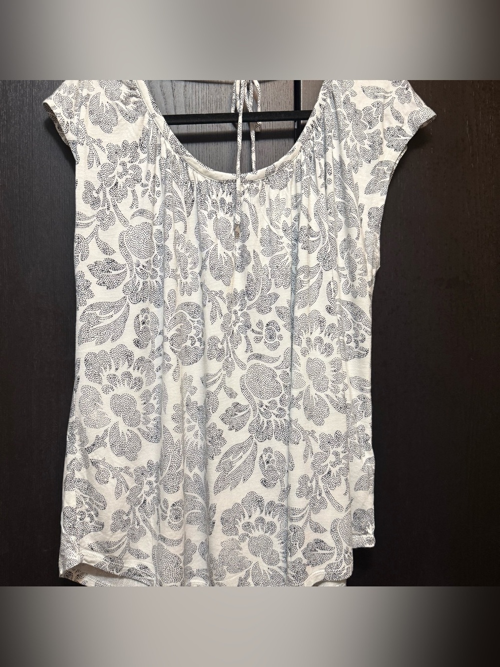 LOFT Cream and Navy Top with Floral Print and Tie Back